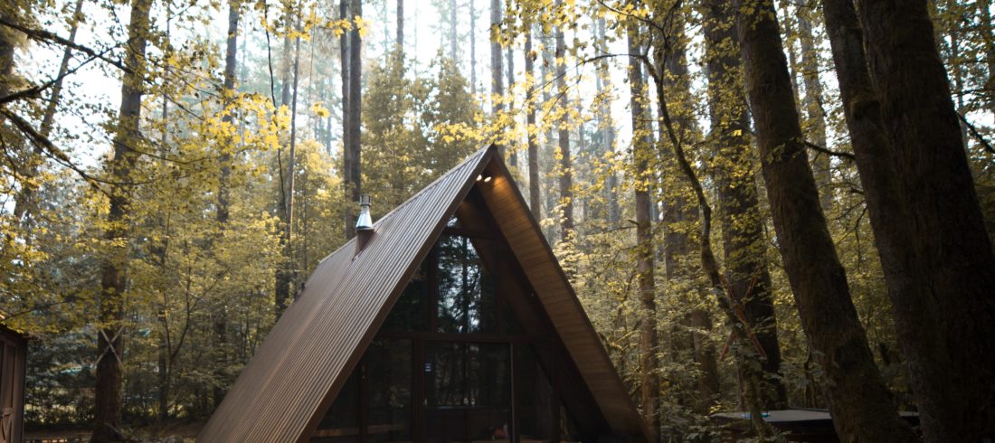 a frame cabin in woods