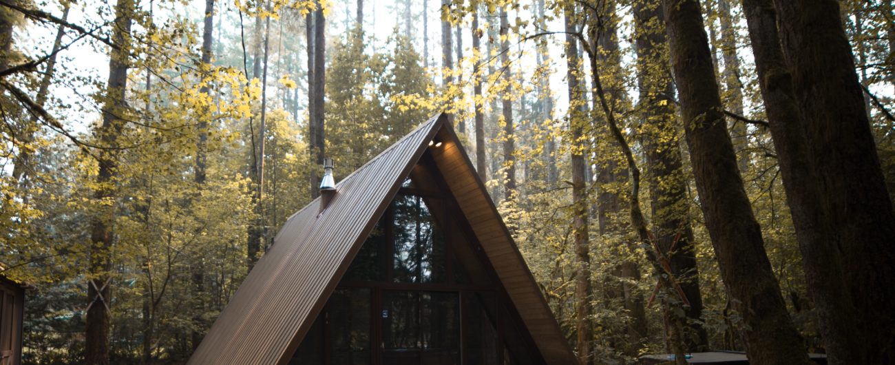 a frame cabin in woods