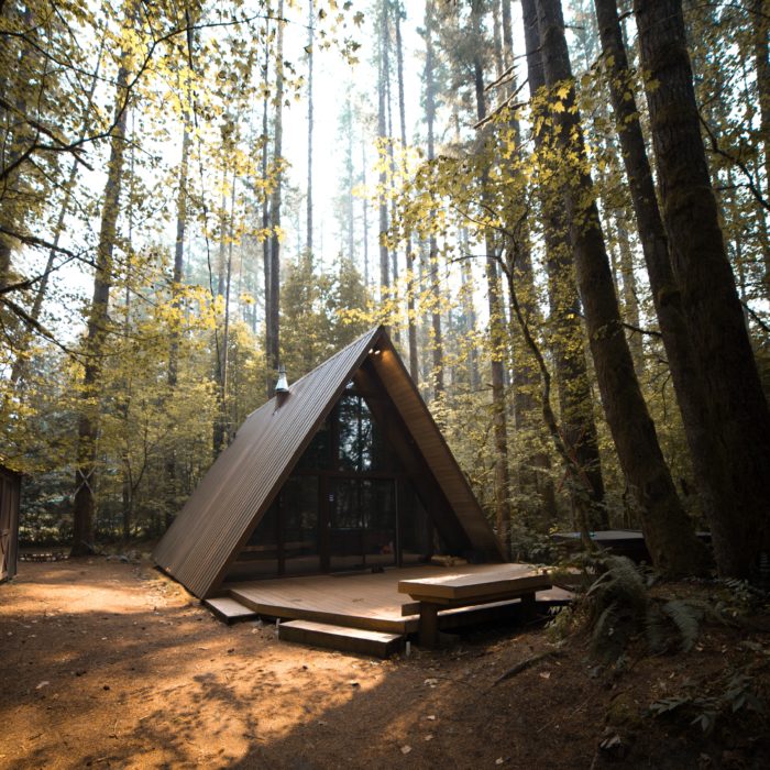 a frame cabin in woods