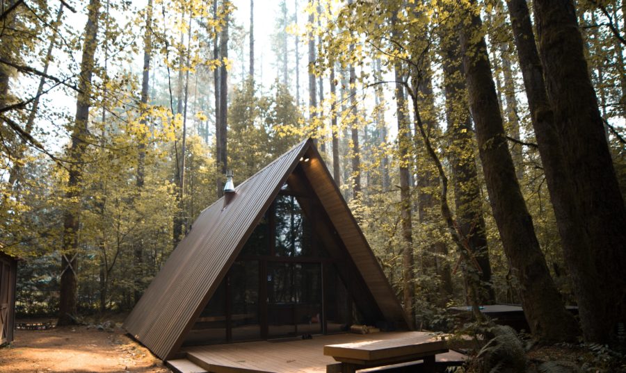 a frame cabin in woods